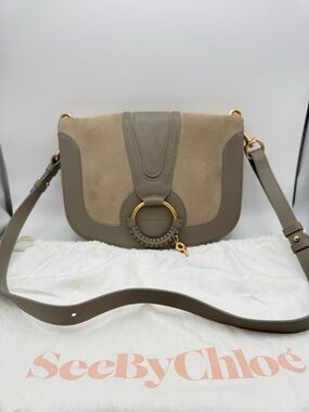 See By Chloé Hana Large Leather Suede Crossbody Bag Motty Grey Gold Hardware
